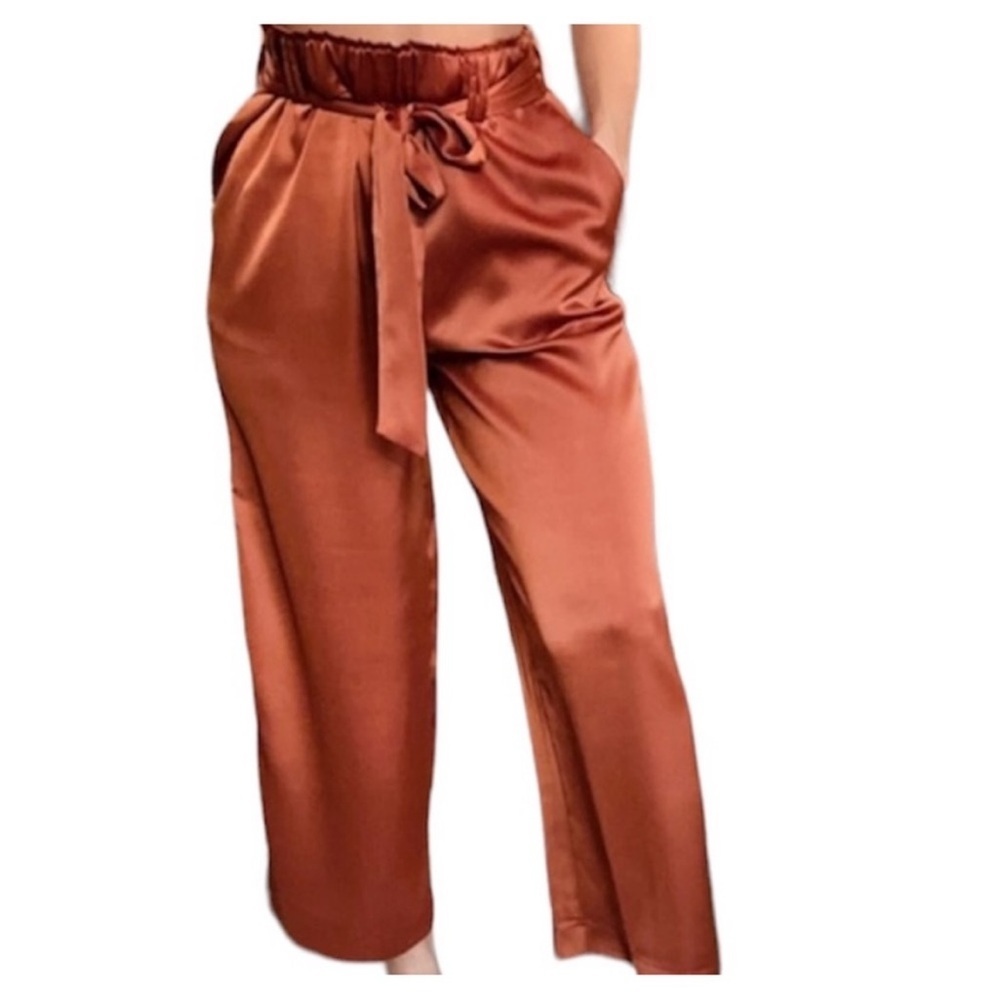 Rachel Zoe Satin Wide Leg Cropped Pants rust m